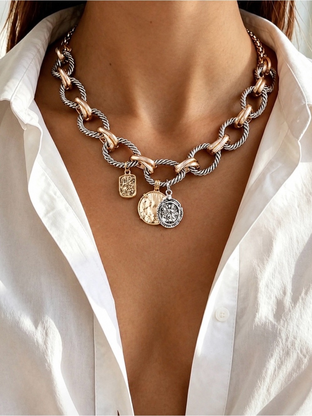 New! Chain link chunky statement necklace with charms pendants